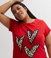 New Look Curves Red Heart Leopard Print Short Sleeve T-Shirt